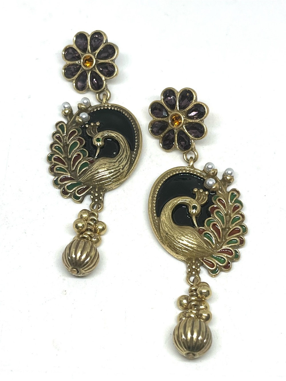 Monet Gold-Tone Peacock Drop Earrings with Black, Purple & Green Accents